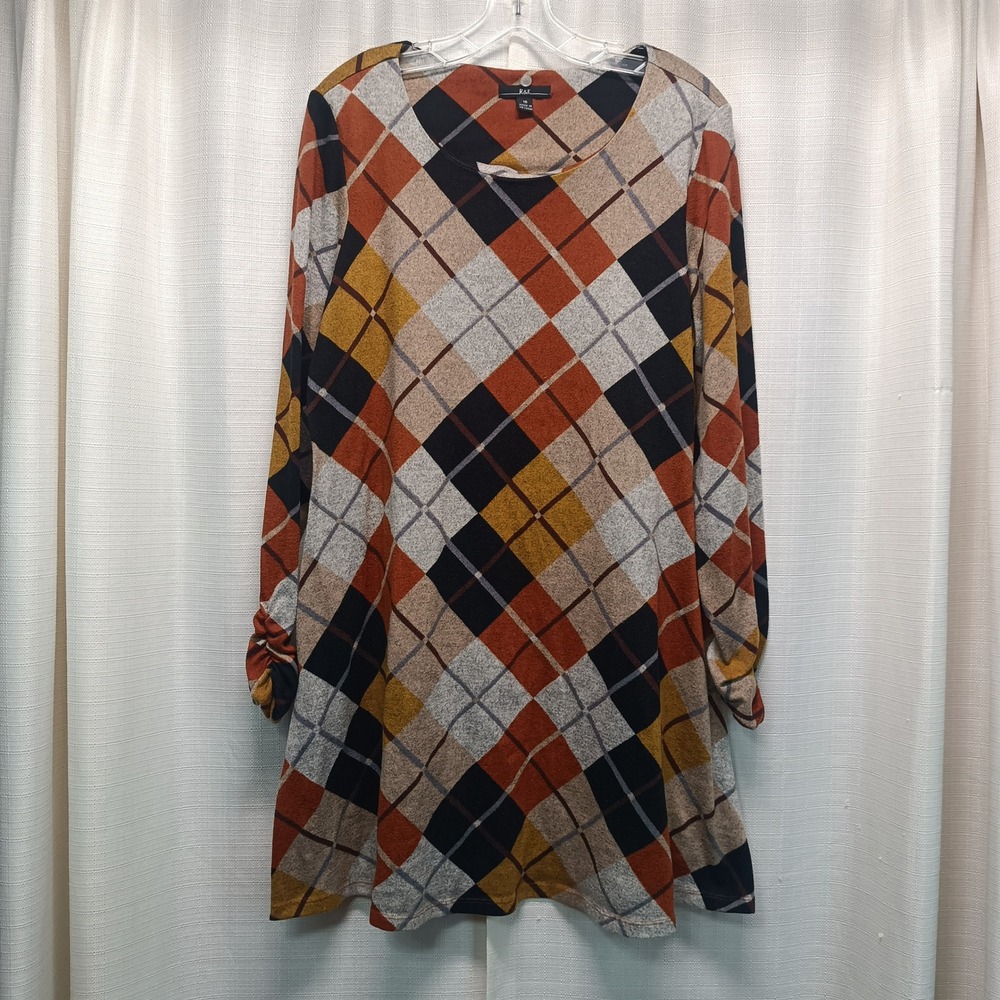 R&K Womens 16 Argyle Plaid Dress Long Sleeve Ruched Cuff Orange Black 70s Style
